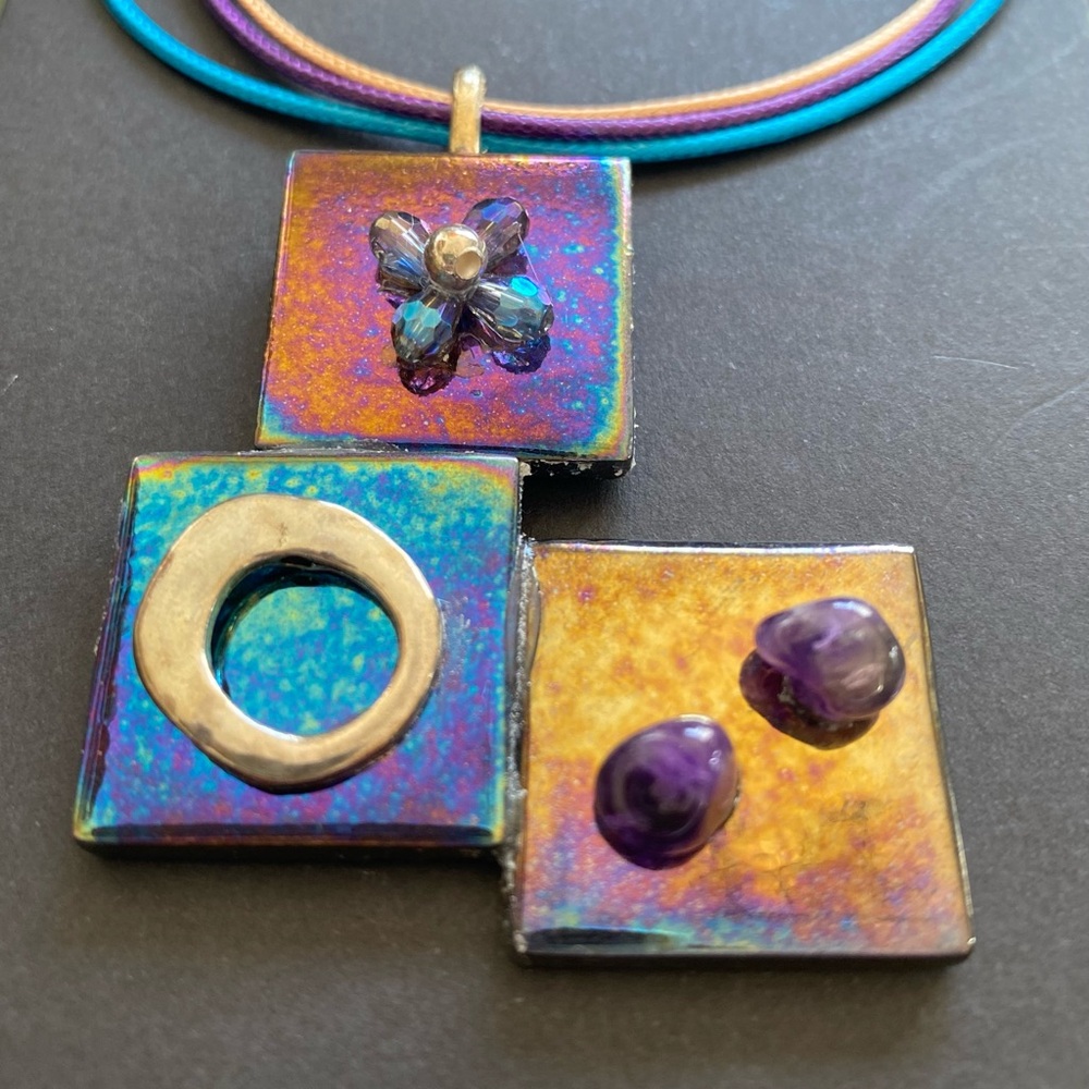 Artisan Boho Multicolor Geometric Iridescent Glass Tile Pendant Necklace